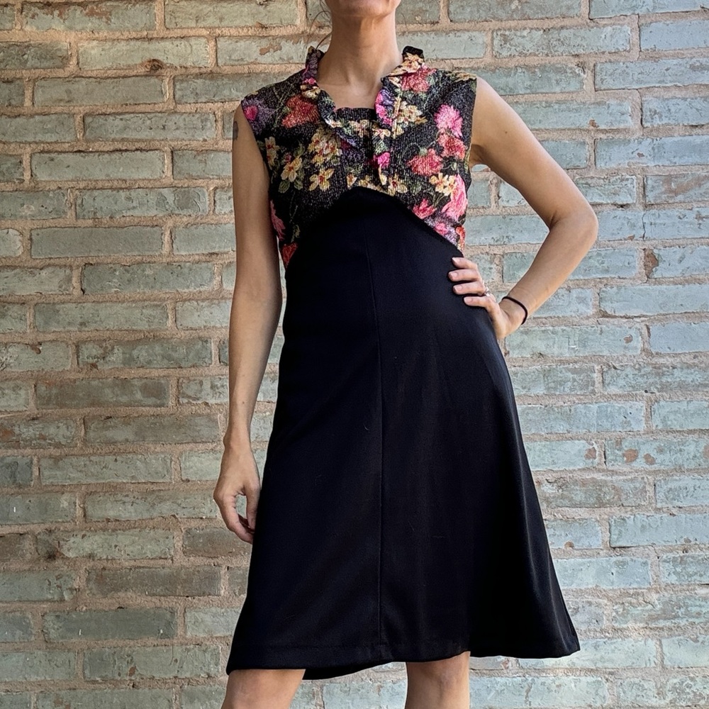 Vintage Cocktail Dress 60s 70s Lurex Floral Fit Flare A-line Sleeveless Midi